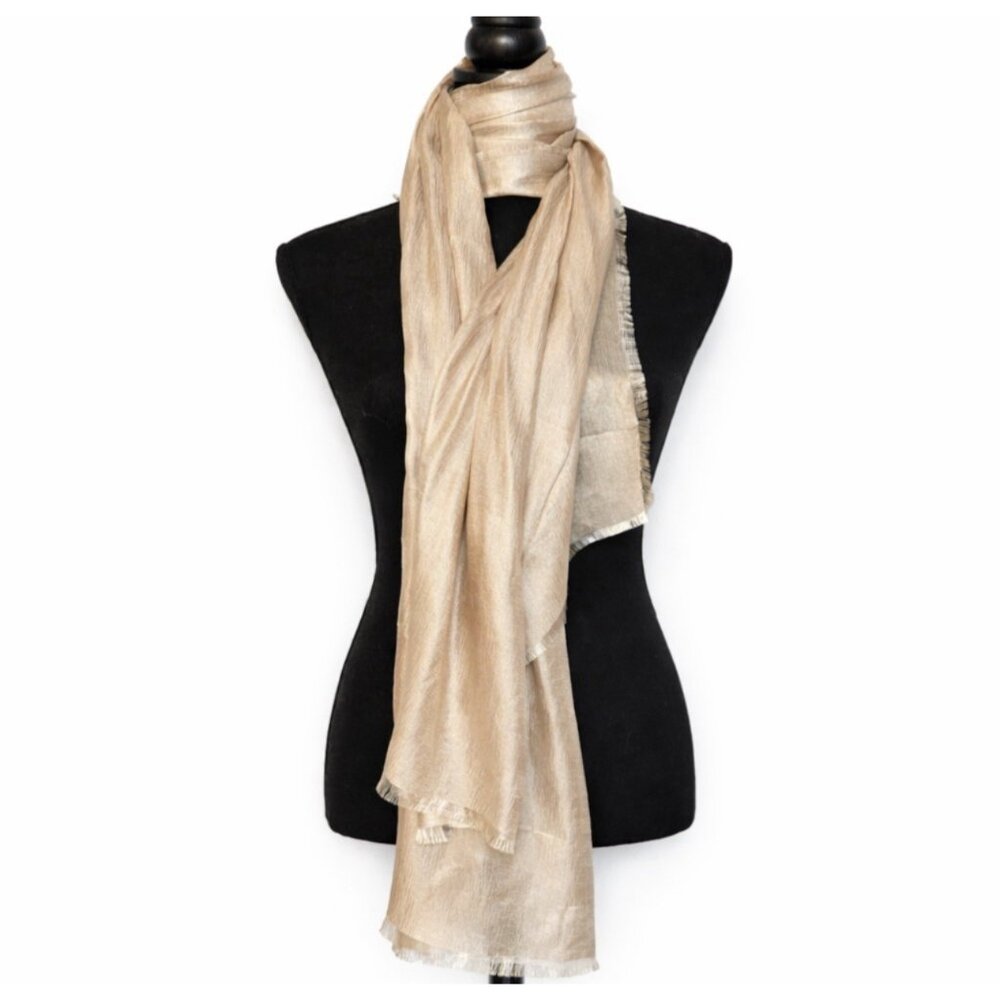 NORDSTROM Sheer Silk Blend Wrap Scarf  Gold Fringe Hem 80” X 28” $79 - Picture 3 of 9